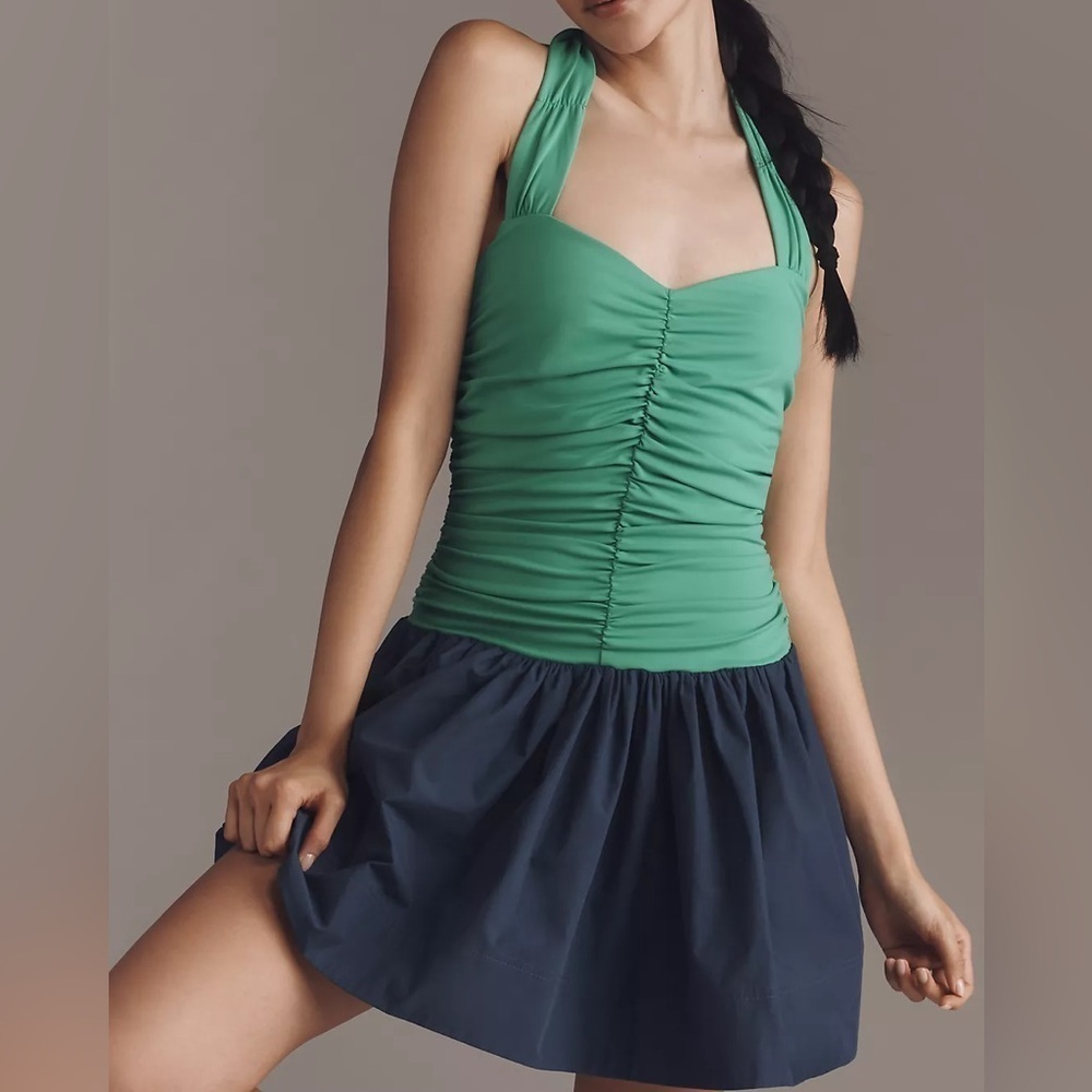 NWT Maeve Halter Twofer Mini Dress Anthro Green Blue Puffy Bubble Sz M